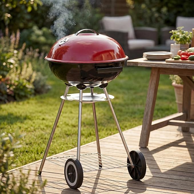 Garden Vida Memphis Patio 21" BBQ Grill | Red & Black | Chrome Plated | 84H x 45.5W x 53D cm | Space-Saving, Air Vent, Tray, Storage Shelf | Grill Meat, Fish & Vegetables at Home, Garden & Camping