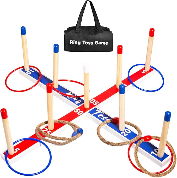 U&C Planet Large Quoits,10 Pcs Ropes &10 Pcs Plastic Rings with Carry Bag, Wooden Ring Toss Game for Kids and Adults OR 60% Alternative