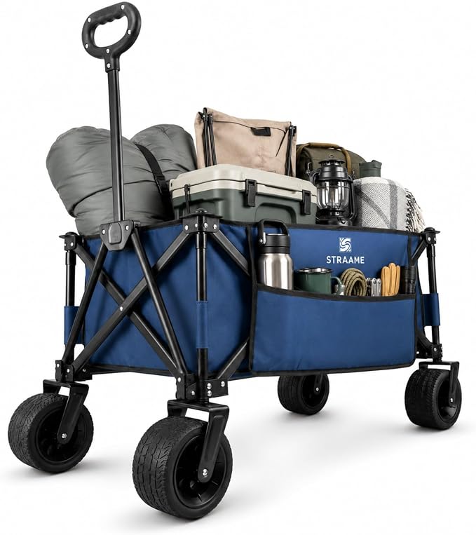 Straame Foldable Trolley Cart – 150L, 100kg Capacity Pull-Along Camping Wagon for Beach, Garden & Festivals – All-Terrain Festival Trolley with Adjustable Handle & 360° Swivel Wheels(Blue) OR 60% Alternative