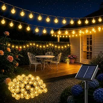 HeiPard Solar Garden Lights Outdoor, 11M/36ft 60 LED String Lights Waterproof, Solar Powered Crystal Ball Fairy Lights 8 Modes for Garden Patio Yard Home Wedding Party Festival Decoration (Warm White) [Energy Class E] OR 60% Alternative